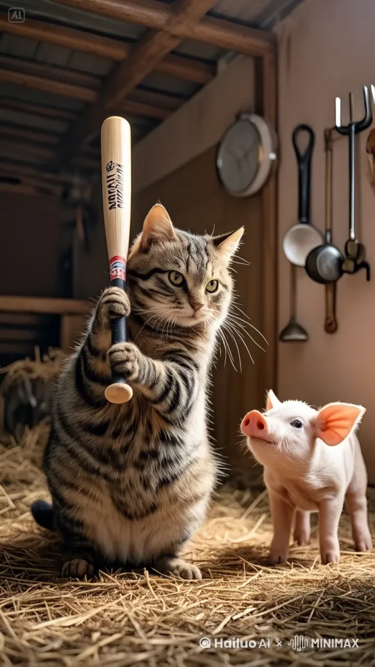 猫和猪史诗般的暴力打斗场面，镜头随图片中的猫和猪拳打脚踢。快速暴力动作片，猫和猪生死战，电影级，猫和猪拳打脚踢动作非常快速，猫和猪打出幻影，飞沙走石，烟雾缭绕 by Hailuo AI Video Generator