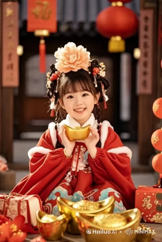 女孩手捧元宝，向大家拜年，灯笼轻轻的摇动。 by Hailuo AI Video Generator
