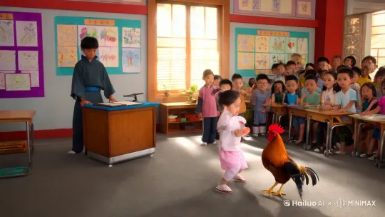 个长得很漂亮的4岁中国小女孩在教室看见了一只大公鸡，周围有许多学生围观，一个老师在讲台上发呆。突然小女孩和大公鸡打了起来，你一拳，他一脚，小女孩一个跟头加一个无影脚踢翻了大公鸡，大公鸡也不甘示弱，来了个空中俯冲，啄到了小女孩的屁股，大家欢呼雀跃，老师也加入战斗，场面十分热烈，特别是老师的教鞭像金箍棒一样快如闪电，上下翻飞，难分胜负。 by Hailuo AI Video Generator