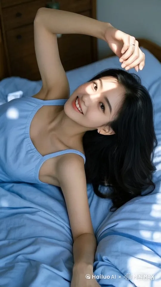 阳光透过窗帘的缝隙，洒在凌乱的床铺上。一位美女慵懒地从被窝中坐起，她的头发略显蓬乱，却增添了几分俏皮。她缓缓地伸了个懒腰，纤细的手臂在阳光下轻轻舒展。随后，她的目光转向镜头，一双明亮的眼睛闪烁着温柔的光芒。她嘟起嘴，微微歪头，露出一抹甜美的笑容，仿佛在与镜头前的你撒娇。最后，她伸出双手，仿佛想要一个温暖的拥抱，画面在这一刻定格，充满了温馨与甜蜜的氛围。镜头缓缓拉近，捕捉下她每一个细微的表情变化。 by Hailuo AI Video Generator