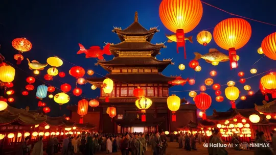 微缩摄影，花灯集市感，大唐盛世，宫灯，鱼灯，莲花灯等很多的花灯密布上方，五颜六色，强烈对比，色彩缤纷，高低和形状各不同，下方有好多极小的古代服饰的人在游逛，深暖色背景，中国风，极端构图，东方审美，唯美，极简主义，艺术构图，丰富的细节，史诗级作品 by Hailuo AI Video Generator