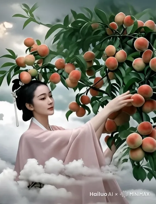 仙女从天空飞到仙桃树旁摘仙桃 by Hailuo AI Video Generator