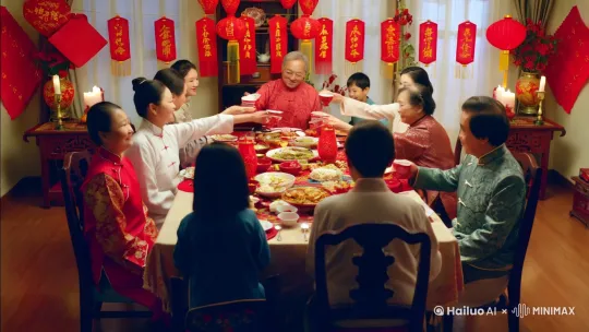 2025一家人蛇年春节团圆饭的喜庆场面 by Hailuo AI Video Generator