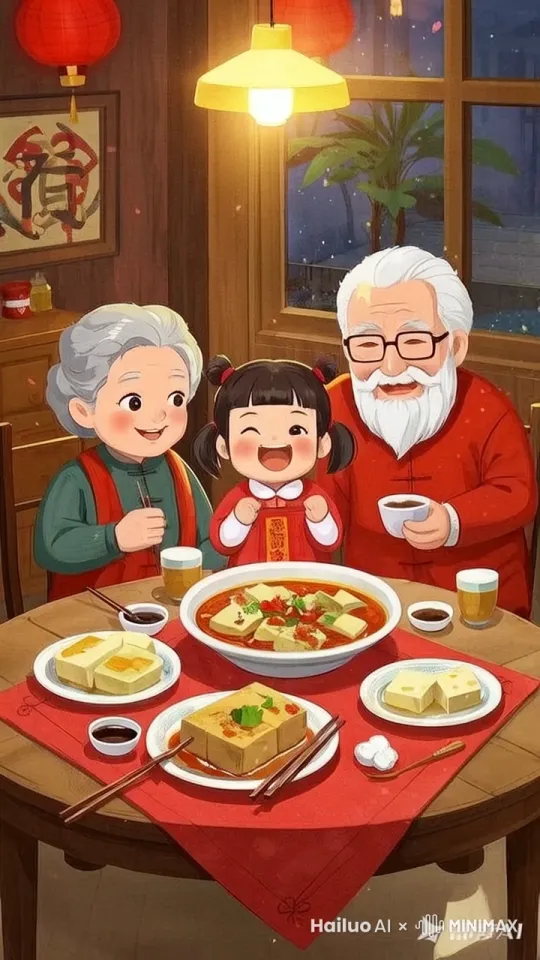 大师级运镜，新年，满脸微笑，景深，超高清，极致细节，写实，新年气氛场景描述：
一个温馨的家庭场景，三代人围坐在一张圆桌旁享用晚餐。桌上摆满了丰盛的菜肴，包括一锅热气腾腾的麻辣豆腐、一盘煎豆腐块和一些配菜。室内装饰充满节日气氛，红色的灯笼和中国结悬挂在墙上，窗外可以看到夜晚的景色。

动态效果：

1.
灯光效果：吊灯缓缓闪烁，营造出温暖的氛围。
2.
窗外景色：窗外的雪花轻轻飘落，增加冬日的氛围。
3.
人物动作：
左侧的老人拿起筷子，夹起一块豆腐放进嘴里，细细咀嚼。
中间的小女孩双手捧着小碗，开心地笑着，偶尔喝一口汤。
右侧的老人端起茶杯，慢慢喝一口茶，脸上露出满足的微笑。
4.
菜肴动态：
麻辣豆腐锅中的汤汁微微沸腾，热气袅袅上升。
煎豆腐块上的香菜微微颤动，仿佛刚刚被撒上去。
5.
背景动态：
墙上的中国结轻轻摆动，仿佛被微风吹拂。
窗外的植物叶子轻轻摇曳，增加画面的生动感。
音效：

温馨的背景音乐，轻柔而欢快。
人物的轻声交谈和笑声，营造出和谐的家庭氛围。
菜肴烹饪的声音，如豆腐在锅中轻微的沸腾声。
色调：

整体色调温暖，以红色和黄色为主，突出节日的喜庆气氛。
窗外景色采用冷色调，与室内的温暖形成对比。 by Hailuo AI Video Generator
