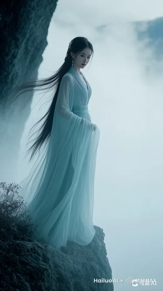 身着 “淡青色”“灵风” 仙侠服饰，眼眸明亮如星，长发随风飘动，表情淡然，佩戴玉坠耳环，气质清冷，全景构图，梦幻国风仙侠风格，极致细节，真实摄影，胶片滤镜，顶级画质，国风向前飞行，飞行姿态优雅，裙摆随风飘扬，增添了几分仙气。镜头采用FPV（第一人称视角）紧随其后，捕捉到云层的快速滚动和密集穿梭，强烈的动态模糊效果增强了飞行的冲击感和速度感。 by Hailuo AI Video Generator