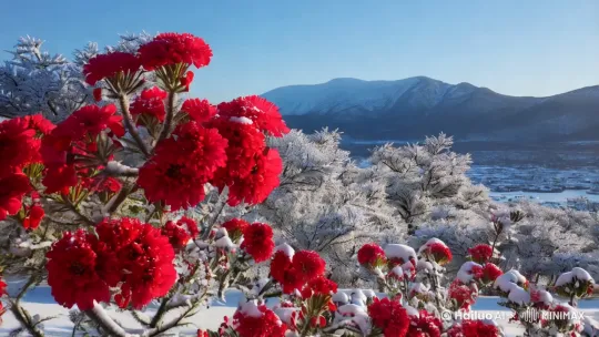 这是一张美丽的自然风景照片，展现了雪景和鲜艳的红色花朵。照片中的树枝上覆盖着积雪，红色的花朵在蓝天的映衬下显得格外鲜艳。背景中可以看到连绵的山脉，山上也覆盖着积雪，给人一种宁静而壮丽的感觉。

从图片内容来看，并没有明确的考试题目或实体信息，因此不需要进行解析或识别实体信息。这张照片主要是展示自然美景，给人带来视觉上的享受和心灵上的平静。 by Hailuo AI Video Generator