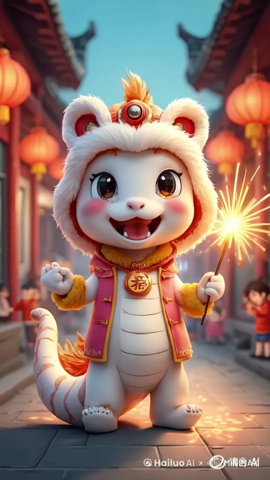 眨着眼睛，可爱的歪了歪头，把手里的烟花递给镜头方向。 by Hailuo AI Video Generator