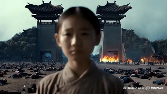 远景到近景镜头，中国古风，一个中国年轻女孩，脸上略带憔悴，眼睛有些犹豫看着满地的尸体，背后是燃烧这的城楼， by Hailuo AI Video Generator