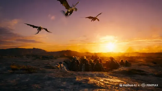 夕阳西下，丧尸从地底涌入.天空上的飞龙旋于上空 by Hailuo AI Video Generator