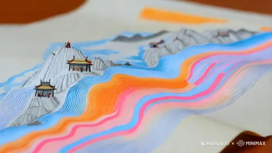 tilt-shift view,pen and light watercolor,minimalism,Miniature landscape,pen and light watercolor,mang mountains and pavilion people,light blue tones with orange accents,by john pawson and Geoff Mcfetridge,Side view,Aerial view,isohypse line,Contour line,layered curves,three-dimensional sense,rich fluorescent colors,colored pencil drawing,marker coloring,printmaking style,Song Dynasty style, Heian period,chinese xuan paper texture,peaceful atmosphere,curve diffusing,curve linked smoothly,ripples of color diffusing,rich color diffusing,chinese Ink and wash painting,chinese gongbi painting,capillary phenomenon,capillary effect --ar 3:4 --iw 1.2 --s 249 --c 10 --v 6.0 # by Hailuo AI Video Generator