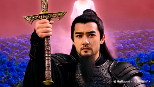 一个古代男将军穿着黑色的盔甲站在一片被红色雾气笼罩的蓝色的玫瑰花海中，红色的雾气中一个白衣女子在跳舞，优美的舞姿，若隐若现。镜头先从男将军手中的宝剑开始到男将军的脸上，男将军先是惊恐后平静最后大喊，镜头移动最后到雾气中那个女子灵动的影子 by Hailuo AI Video Generator