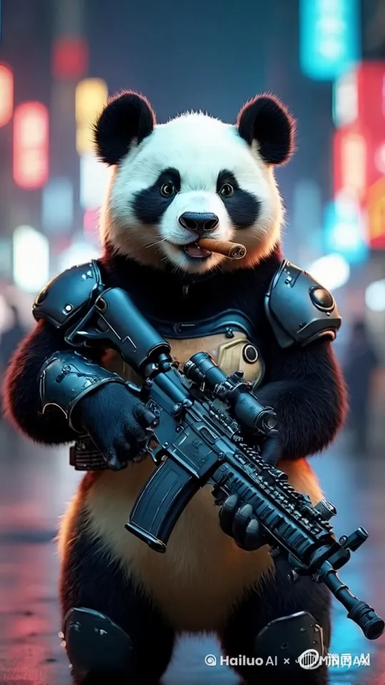 熊猫从远处自信得意的朝着镜头走来，一边走，一边抽着嘴里的雪茄，同时向镜头招了招手 by Hailuo AI Video Generator