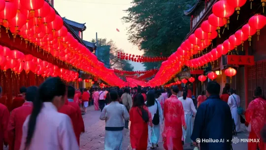 热闹的春节街头，挂满了红灯笼和春联，人们穿着新衣，脸上洋溢着笑容。 by Hailuo AI Video Generator