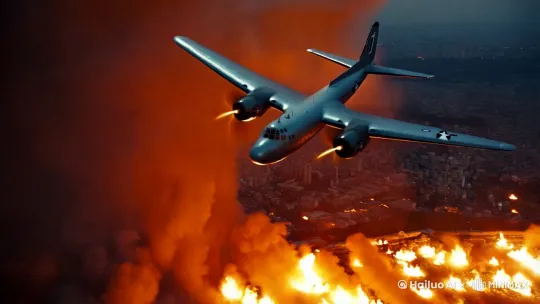 美国B-29 “超级堡垒”战略轰炸机在东京上空投放大量燃烧弹，城市化为一片火海 by Hailuo AI Video Generator
