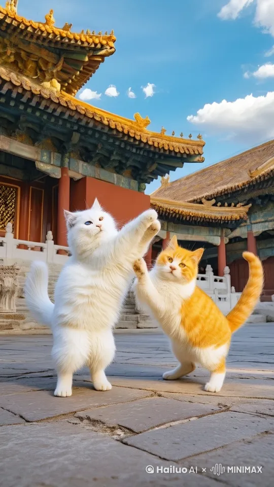 两只猫史诗般的打斗，拳打脚踢，空中360度的旋风踢，镜头跟随，图中两只小猫爆力激烈决斗电影般的打斗效果，都打斗出幻觉 by Hailuo AI Video Generator