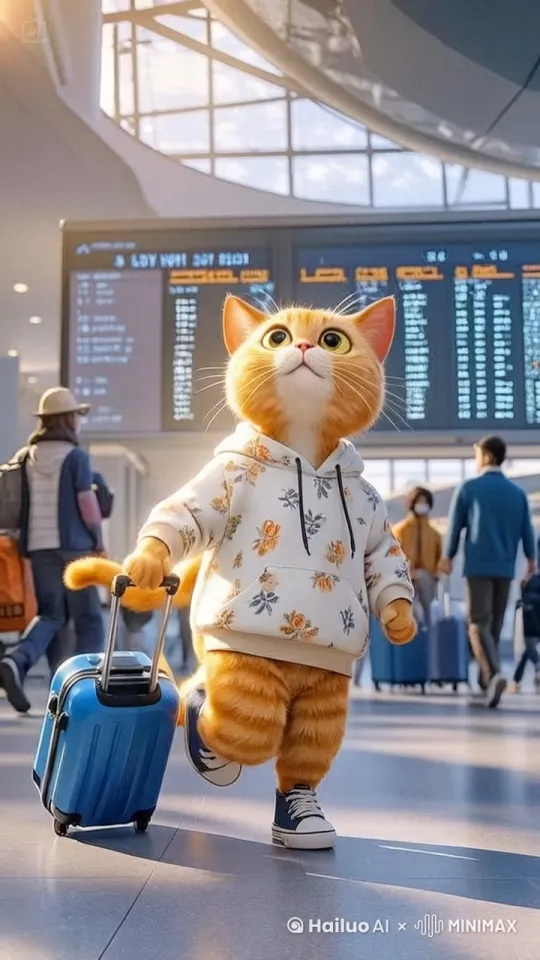 橘猫去旅游，拉着行李箱，迈开腿，往前走 by Hailuo AI Video Generator