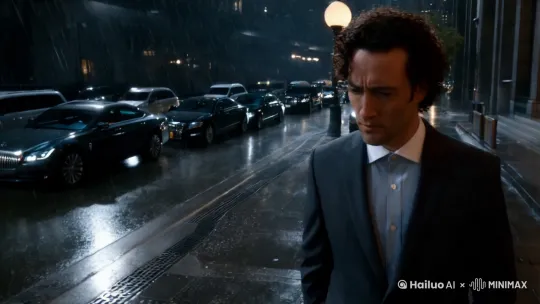 一名卷发帅哥律师在下大雨的路上慢慢走过来思考案件，周边很多的豪华车，黑色的天空 by Hailuo AI Video Generator