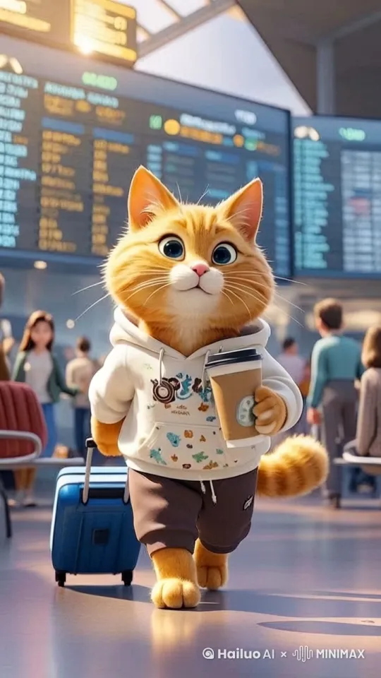 橘猫赶飞机去旅游，拉着行李箱，迈步往前走去。走路动作。 by Hailuo AI Video Generator