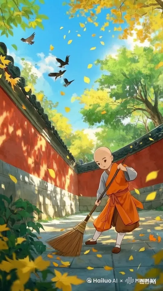 图中飞鸟飞向远处，近处落叶随着扫把舞动，同时空中还有落叶缓缓落在小和尚脚下 by Hailuo AI Video Generator
