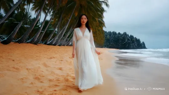 亚洲长发女性 穿着白色长裙 天空下着雪 人物全身露出 走在热带海岛的沙滩上 海浪 沙滩 椰子树元素都有 by Hailuo AI Video Generator