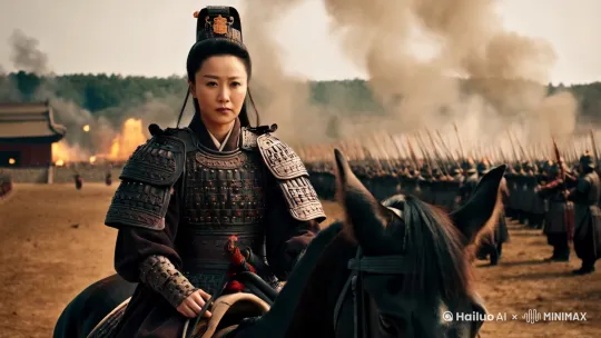 身穿甲胄的中国女将军，走在马上实体的战场上，神情严峻 by Hailuo AI Video Generator