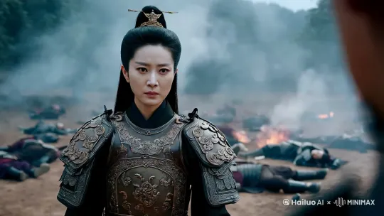 身穿甲胄的中国女将军，走在满是尸体的战场上，神情严峻 by Hailuo AI Video Generator
