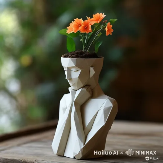 人形花瓶的眼睛慢慢睁开，头上的花儿慢慢绽放 by Hailuo AI Video Generator