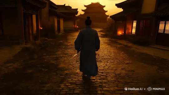 摄影,低角度仰拍,古代武侠风格,黄色调,夕阳下的黄昏,特写佩剑大侠的背影,缓慢走在小镇的石板路上,石板路反映着夕阳的光泽,周边破败的唐朝小镇建筑空无一人,有微弱的烛光,不寒而栗的压迫感!高清电影画质32K。 by Hailuo AI Video Generator