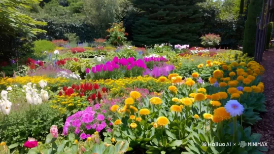 
景别：全景
 画面：一片五彩斑斓的花园，各种花朵竞相绽放，色彩鲜艳夺目。阳光透过斑驳的树叶洒在花瓣上，闪烁着金色的光芒。微风轻拂，花朵轻轻摇曳。
 音乐/音效：轻柔的鸟鸣声，舒缓而愉悦的音乐起，伴有微风轻拂树叶的沙沙声
 拍摄地点：花园
 拍摄角度：俯拍，从花园上方稍高的位置向下拍摄整个花园，展现花园的繁茂与绚丽
拍摄手法：静止镜头
 by Hailuo AI Video Generator