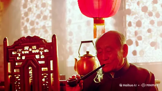 帮我生成一段高饱和红色调老人坐在雕花木椅上品茶
阳光穿过卷纸窗花
风格
在他脸上投下光斑
墙上挂着大红灯笼
他慢条斯理地打着旱烟袋
铜壶里的水汽袅上升的视频′ by Hailuo AI Video Generator
