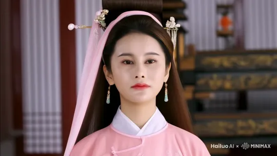 穿着粉白色的古装 头发盘起来 古装的妆效效果 近景镜头，镜头跟随着女人在拍摄，女人一步步地向前走着，表情看似平静，但眼神深邃且复杂，嘴角轻抿，仿佛压抑着内心翻涌的千层浪。 by Hailuo AI Video Generator