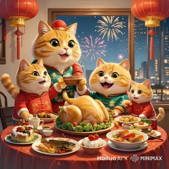 窗外的烟花五彩缤纷，大家举起酒杯，你看看我，我看看他，一起唱着新年快乐。固定镜头                                     by Hailuo AI Video Generator