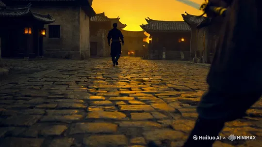 摄影，低角度仰拍，古代武侠风格，黄色调，夕阳下的黄昏，特写带刀大侠的背影，缓慢走在小镇的石板路上，石板路反映着夕阳的光泽，周边破败的瓦房阒无一人，有微弱的烛光，不寒而栗的压迫感！高清电影画质32K。 by Hailuo AI Video Generator
