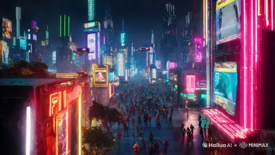 场景：一个充满未来感的赛博朋克城市夜晚，霓虹灯闪烁，高楼大厦林立，街道上人群熙熙攘攘。
风格：赛博朋克，写实风格，带有轻微的科幻感。
镜头：从高处俯瞰，逐渐切换到地面跟随镜头，捕捉人群中的互动和细节。
元素：霓虹招牌、飞行汽车、穿着未来风格服装的人物、闪烁的广告牌、雨水反射的光芒。 by Hailuo AI Video Generator