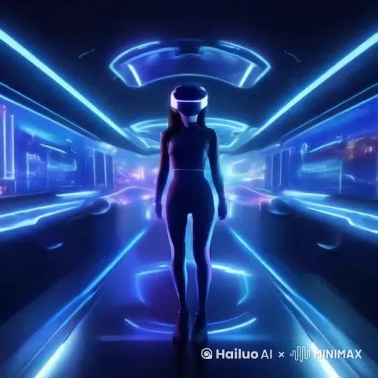 一位美丽的中国女性穿着先进的全身VR设备，站在一个未来派的全息显示器前。她的身影在虚拟环境中清晰可见，柔和的蓝光照亮了她周围的空间。背景是一个充满数字广告的未来城市景观，远处的全息标志闪闪发光。电影级，坐着科幻时空列车 by Hailuo AI Video Generator