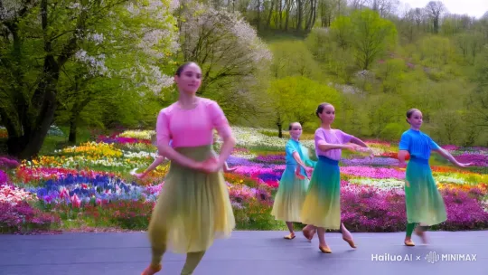 春天到了，百花齐放，舞蹈队开学了，队员纷纷起舞 by Hailuo AI Video Generator