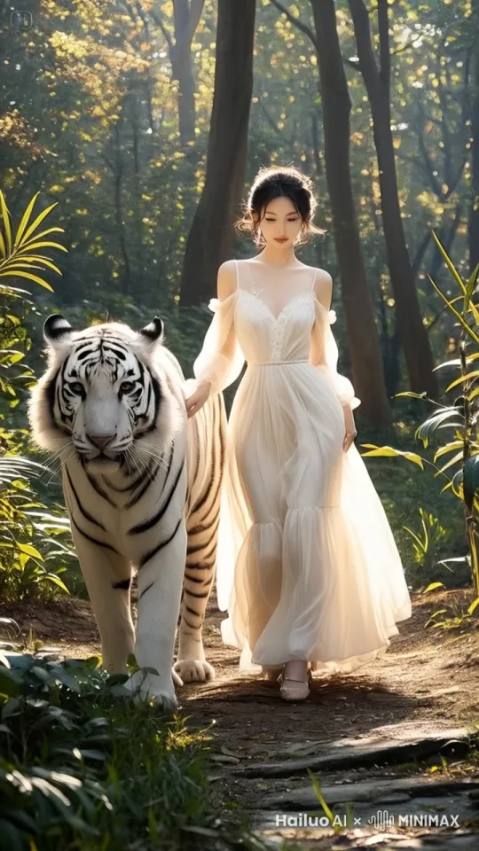 美女和白虎缓慢向前走，画面主体动态呈现，动作自然流畅，符合逻辑，极致细节，镜头跟拍超真实动态捕捉，人物脸部不变形，清晰自然，不模糊，高质量，没有瑕疵。 by Hailuo AI Video Generator