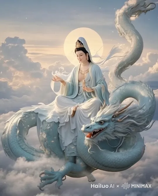 观音菩萨站在大海飞龙上，微笑，仙气飘飘，宛若仙境，美不胜收，旋转运镜，高清写实，8k。 by Hailuo AI Video Generator