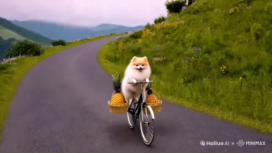 一只可爱的白黄色博美犬拟人化地骑二八大杠自行车，在乡间盘山公路的下坡路段疾驰，车后座绑着几大筐菠萝，像小山一样压在自行车上，侧面拍摄，大师摄影 by Hailuo AI Video Generator