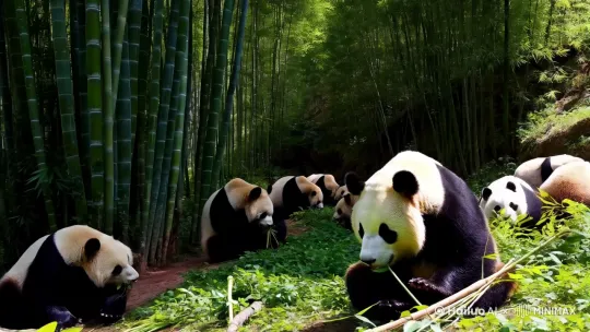熊猫在大自然的环境里打坐悠闲的吃竹子欢喜嬉戏 by Hailuo AI Video Generator