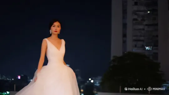 港片运镜,身穿白色晚礼服缓缓走来 by Hailuo AI Video Generator