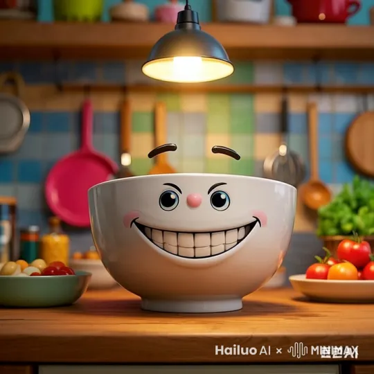 镜头以特写拍摄，光线明亮欢快，画面是 8K 高清画质，摄影风格，有着细腻渲染和卡通渲染的效果。一个拟人化的大白碗出现在五彩斑斓的厨房中，它的面部眉开眼笑，眼睛弯成了月牙状，透露出无尽的喜悦。嘴巴大大的，露出整齐洁白的牙齿。碗身上绘着可爱的图案，增添了几分活泼的气息。厨房的背景墙上挂着各种炊具，摆放着新鲜的食材。光线从上方的吊灯洒下，在大白碗上形成柔和的光影。整个画面色彩鲜艳，充满了欢乐和温馨的氛围。 by Hailuo AI Video Generator