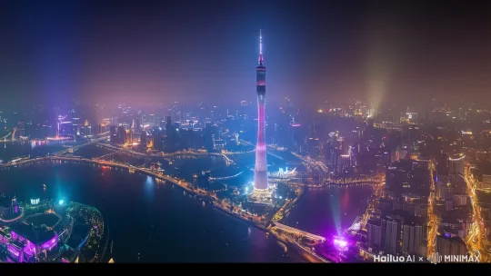 使用广角镜头，拍摄整个广州的夜景。
运用延时摄影，展示城市的活力与繁华，灯光的闪烁变化,突然画面急速下降，镜头跟随一直下降至江面。 by Hailuo AI Video Generator