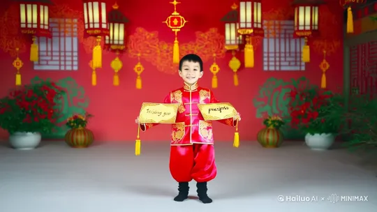 虚拟的红色拜年背景，全身正面拍摄，可爱有气质的年轻小男孩，面带微笑，身着中式拜年服装，双手将一幅对联举起在胸前，上面写的“恭喜发财”，字体为金色草书，手指细节化，春节氛围感浓烈，突出喜庆感，不要q版。 by Hailuo AI Video Generator