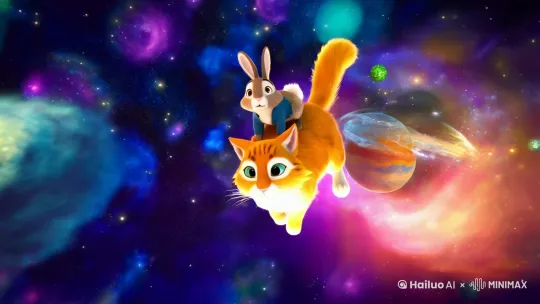 《兔子猫》我是一只在宇宙旅行的兔子，每天骑在一只大猫身上历险。我是一只在宇宙旅行的猫，在烟波浩渺的宇宙寻找失散多年的兔子。我是一只在宇宙旅行的兔子猫，那一刻，孤独的灵魂于瞬间认出了彼此。别走！我俩来自于同一星球！宫崎骏动画风格 by Hailuo AI Video Generator