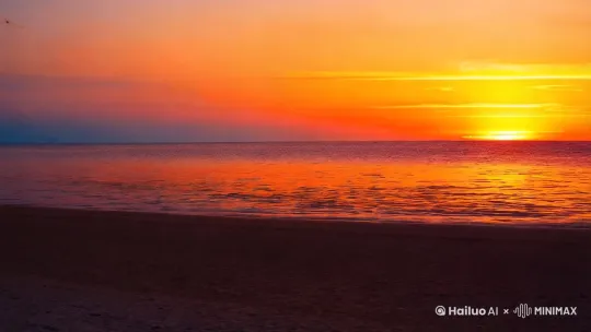“海边落日”
    色彩：以橙色和红色为主色调，营造出落日的温暖，画面中加入一些蓝色或灰色，表达伤感。
    构图：画面中是一片宁静的海边，海边有一条长长的沙滩，沙滩上有几道模糊的脚印，远处是落日的余晖，海面上泛起金色的波光。一个孤单的身影在沙滩上走着，天空中有几只飞鸟在飞翔，仿佛在寻找归宿。 by Hailuo AI Video Generator