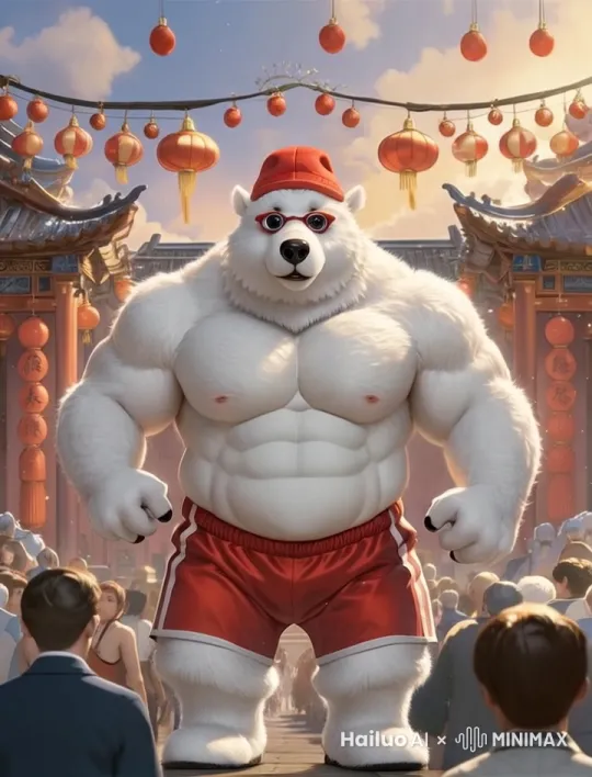 阳光明媚，憨憨可爱的大白熊在表演秀肌肉舞蹈，动作标准优美自然流畅，特效渲染，观众纷纷鼓掌 by Hailuo AI Video Generator