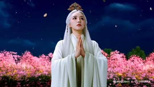 星空璀璨，妲己仰望星空，双手合十，仿佛在许下某种誓言。她的身后是一片盛开的花海，花瓣随风飘落，如同梦幻的仙境。她的眼神坚定而温柔，仿佛在守护着某种珍贵的东西。
提示词：璀璨星空、花海、花瓣飘落、誓言、坚定眼神。 by Hailuo AI Video Generator
