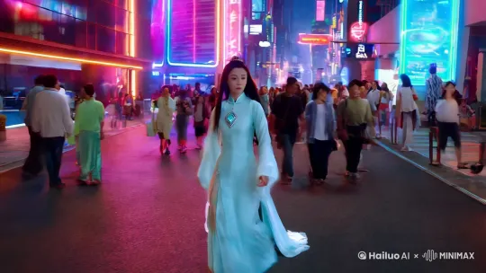 在这个充满未来感的未来城市街头，一位神秘的中国女性身穿青白色古装衣服长裙，静静地走在人群中。她的服装设计独特，胸部的菱形吊坠装饰闪耀着异彩，仿佛她身上融合了天上女仙子的气质。她那如丝般的黑发随着微风飘动，清澈的黑色眼眸透出不容忽视的决心与智慧。场景随着她的步伐逐渐展开。周围的城市环境充满了未来科技感：闪烁的霓虹灯牌、空中飞行的无人机、街道上行驶的磁悬浮汽车，以及建筑物上投影的全息广告，仿佛每一处都充满着创新与智能。她穿梭在这片繁忙的都市中，仿佛是未来世界的守护者，时刻准备迎接新的挑战。

随着镜头切换，女性角色的动作愈加果断，她在这座城市中与各种高科技设备互动，展现出无与伦比的智慧与力量。视频的节奏逐渐加快，未来感十足的背景音乐让整个场景更加紧张刺激，仿佛预示着即将展开的惊心动魄的冒险。 by Hailuo AI Video Generator