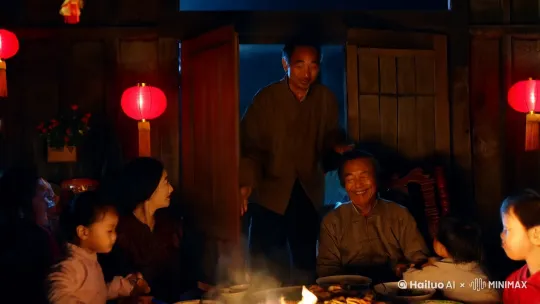 李大山在外打工多年，今年终于赶在春节前回到了家乡。下了车，他看到熟悉的村庄，心中满是激动。推开家门，妻子和孩子扑了上来，父亲也笑得合不拢嘴。一家人围坐在一起，吃着热气腾腾的年夜饭，李大山看着家人的脸，心里暖烘烘的。
饭后，李大山和家人一起坐在火炉旁，看着窗外的烟花。他对家人说：“在外打拼不容易，但只要想着家，心里就有力量。”父亲点点头：“是啊，家永远是你们的港湾。”李大山拿起手机，录了一段视频，对着镜头说：“各位在外的兄弟姐妹们，新年快乐！我们都在为了生活奋斗，但别忘了家人的牵挂。新的一年，希望大家都平平安安，万事如意！ by Hailuo AI Video Generator